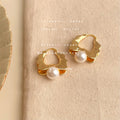 Gold Wavy Flower Open Hoop Earrings Pearl Accent Pair view 3