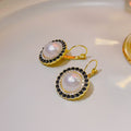 Gold Pearl Leverback Earrings Black Braided Rim Crystal Halo view 4