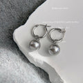 Silver-Tone Huggie Hoop Earrings Gray Pearl Drop Pair view 1