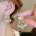 Gold Tone Pearl And Clear Crystal Cluster Stud Earrings view 1