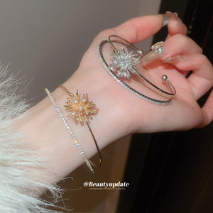 Double Layer Open Cuff Bracelet Starburst Zircon Charm