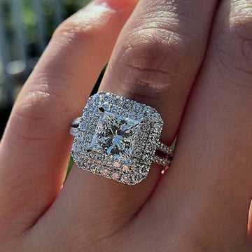 Square Double Halo Crystal Ring in Polished Metal Jewelry