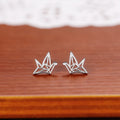 Silver Tone Geometric Origami Crane Outline Stud Earrings view 5