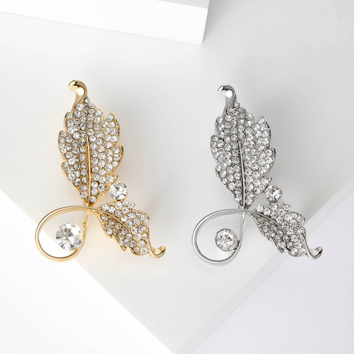 Crystal Double Leaf Stem Brooch in Gold or Silver Tone