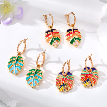 Gold Tone Enamel Monstera Leaf Huggie Earrings in Three Colors