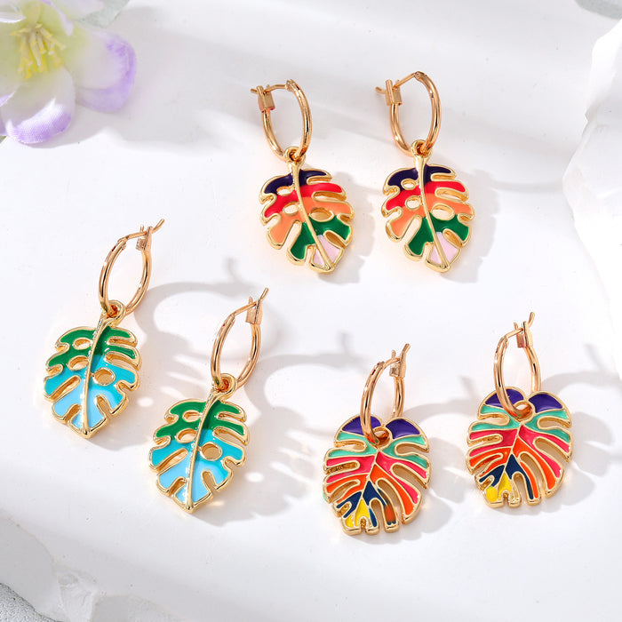 Gold Tone Enamel Monstera Leaf Huggie Earrings in Three Colors