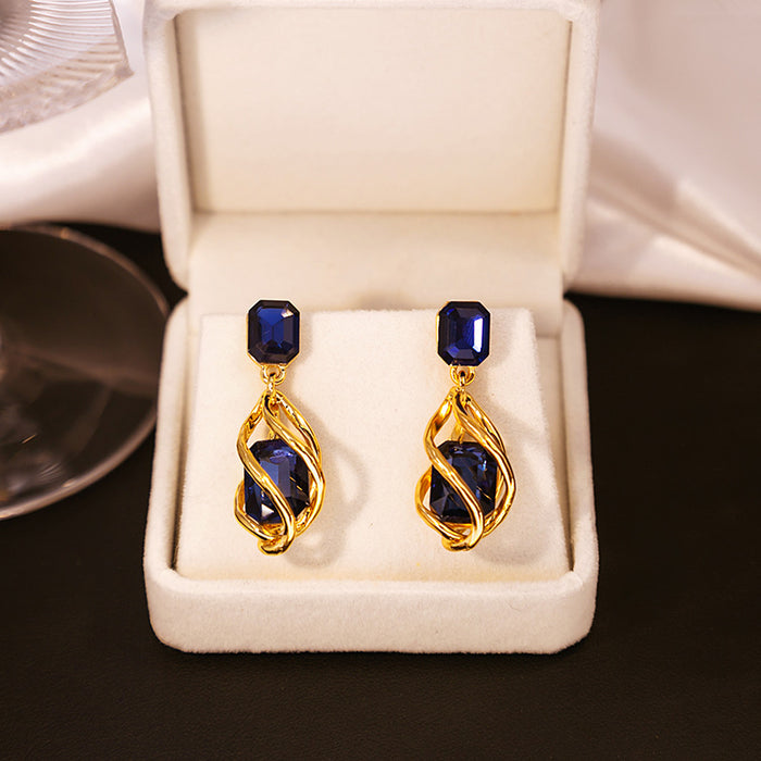 Green and Blue Faceted Stone Gold Tone Dangle Earrings