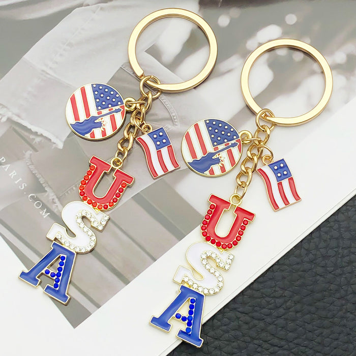 USA Flag and Rhinestone Patriotic Enamel Keychains, 5 Designs