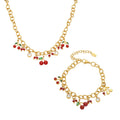Red Cherry Crystal Charm Necklace and Bracelet in Gold Tone view 5