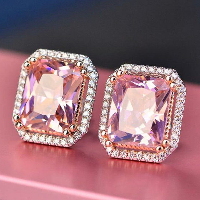 Pink Rectangular Halo Stud Earrings Rose Gold Tone