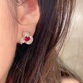 Red Square Stone Three-Petal Flower Stud Earrings In Silver Tone view 3
