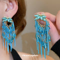 Crystal Floral Chandelier Earrings With Blue Or Clear Fringe view 4