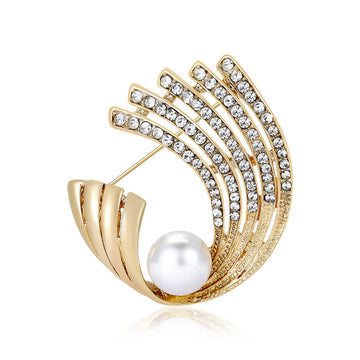 Pearl Crescent Crystal Fan Brooch Gold and Silver Tone