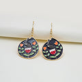 Gold Tone Enamel Cat Flower Drop Earrings White Black Circles view 3