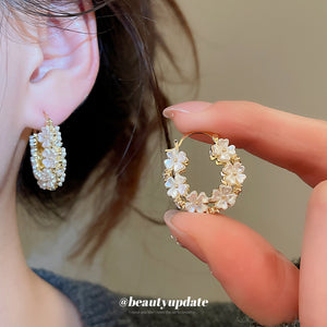 Gold Electroplate Flower Hoop Earrings with Imitation Pearls
