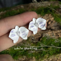 White Purple Enamel Orchid Stud Earrings Crystal Center view 4