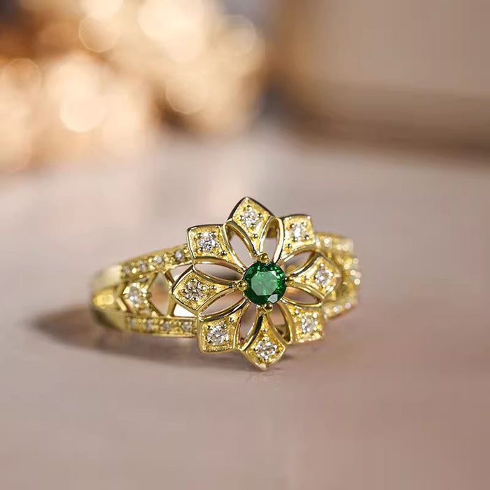 Gold Tone Openwork Flower Ring Green Center Stone Sizes 6-10