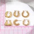Gold Tone Geometric Wheat and Bamboo Hoop Earrings view 4