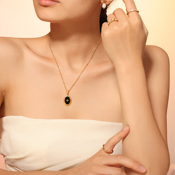 Gold Oval Black Enamel Star Pendant Necklace Metal Chain