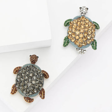 Rhinestone Turtle Brooch Amber Green Gray Brown Enamel