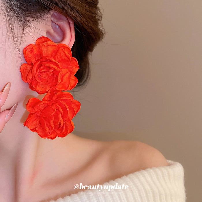 Orange Red Layered Fabric Flower Statement Stud Earrings