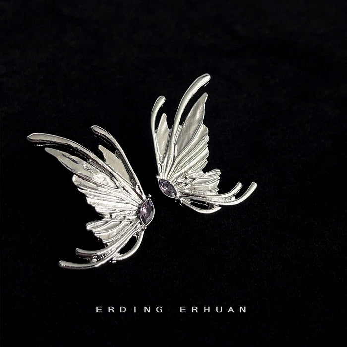 Silver Tone Butterfly Wing Purple Crystal Stud Earrings