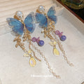 Blue Butterfly Purple Bead Floral Tassel Drop Earrings view 3
