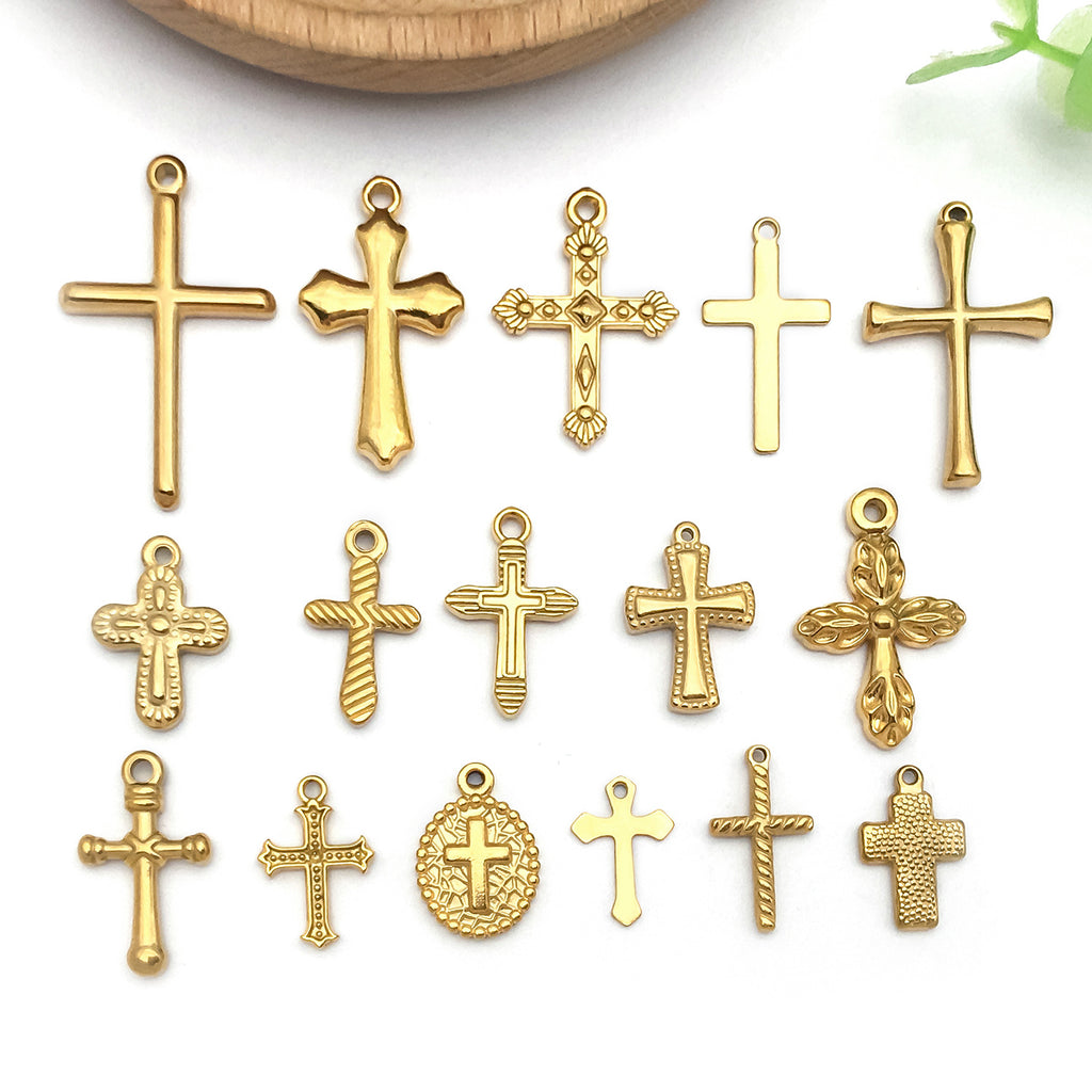 Gold Stainless Steel Vintage Cross Charm Pendant for DIY Bracelet Necklace Jewelry