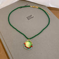 Green Seed Bead Necklace Round Green Pendant Rhinestone Trim view 6