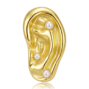 Pearl Accent Ear Brooch With Faceted Crystals And Polished Metal Details