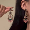Antique Gold Pink Resin Flower Dangle Earrings and Necklace view 3