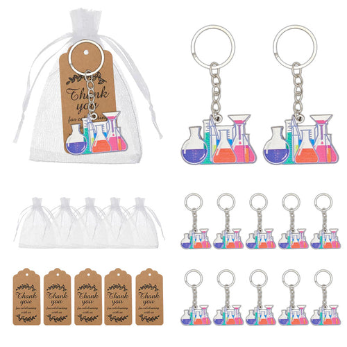 Lab glassware wood print keychains with organza bags and tags