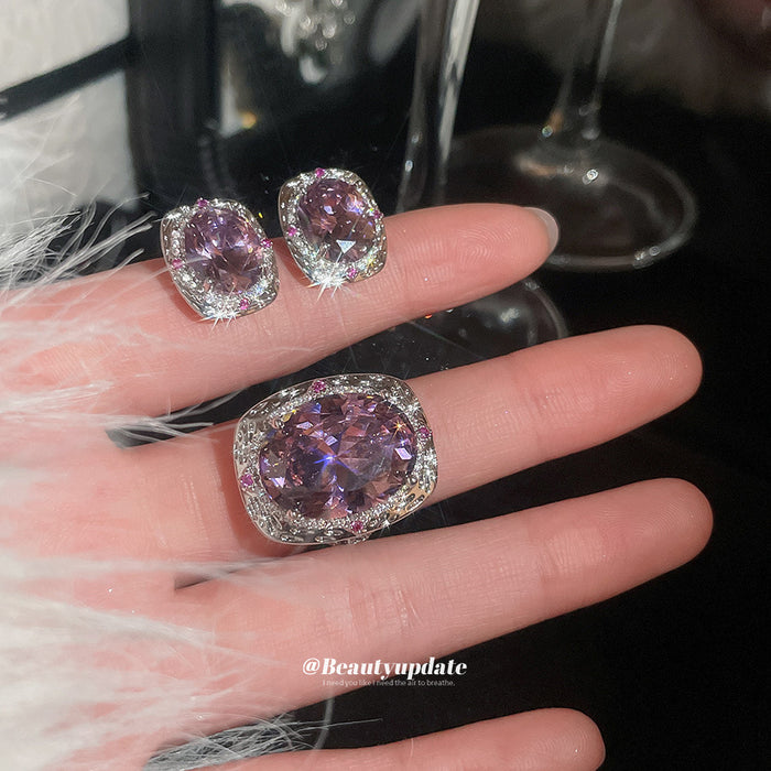 Silver Purple Oval Crystal Halo Cocktail Ring And Studs