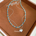 Blue Beaded Layered Necklace Set with Silver Heart Pendant view 2