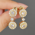 Gold Tone Double Round Clear Crystal Drop Earrings view 3