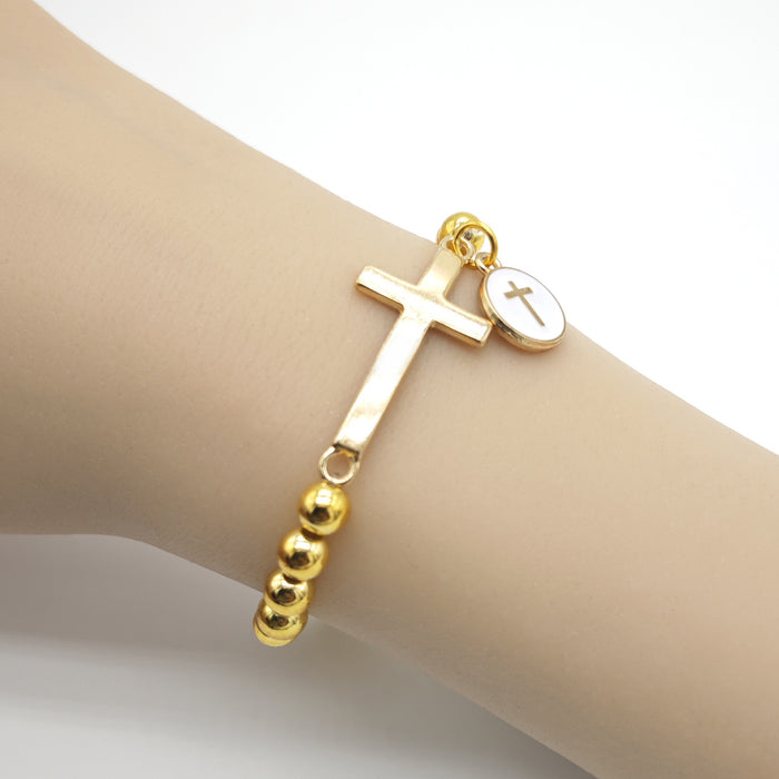 Gold Bead Stretch Bracelet Flat Cross and Round Disc Charm