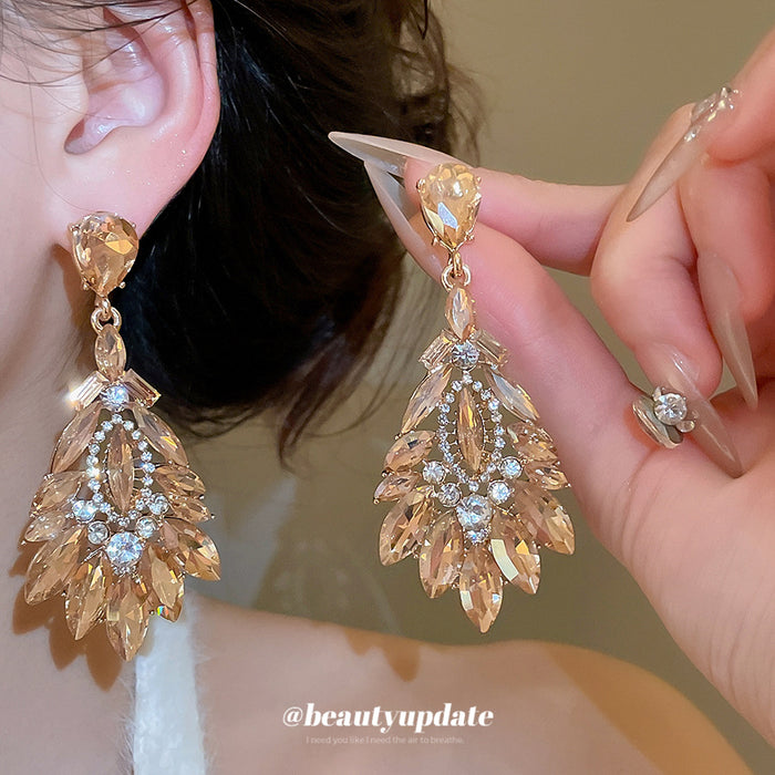 Gold-Tone Crystal Leaf Cluster Drop Earrings - One Style