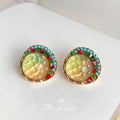 Gold Round Green Resin Cabochon Multicolor Crystal Studs view 4