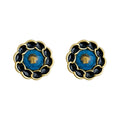 Gold Black Enamel Chain Round Stud Earrings Blue Shell Center view 5