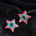 Pink Enamel Look Star Green Center Statement Stud Earrings view 3