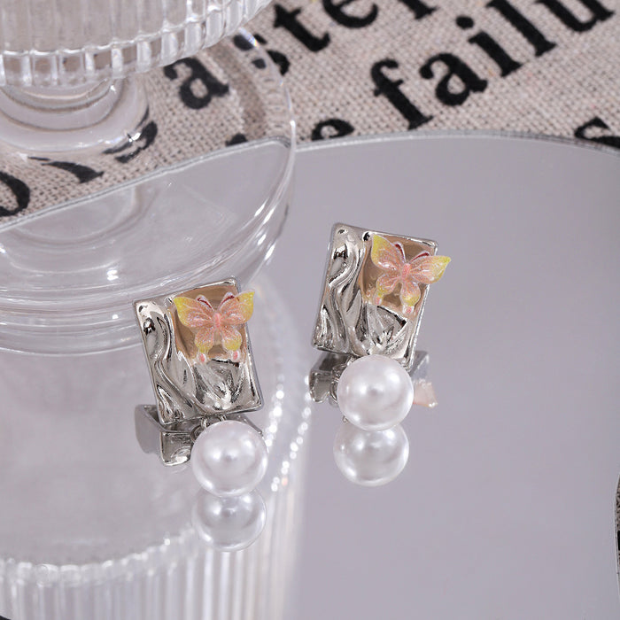 Pink and Yellow Butterfly Pearl Look Dangle Earrings