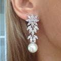 White Gold Tone Crystal Flower Leaf Faux Pearl Drop Earrings view 1