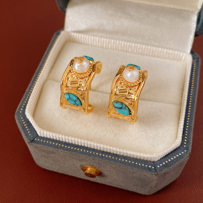 Blue Enamel Abstract Stud Earrings with Pearl Centers