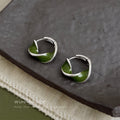 Silver Green Enamel Twist Hoop Earrings Pair Jewelry view 6