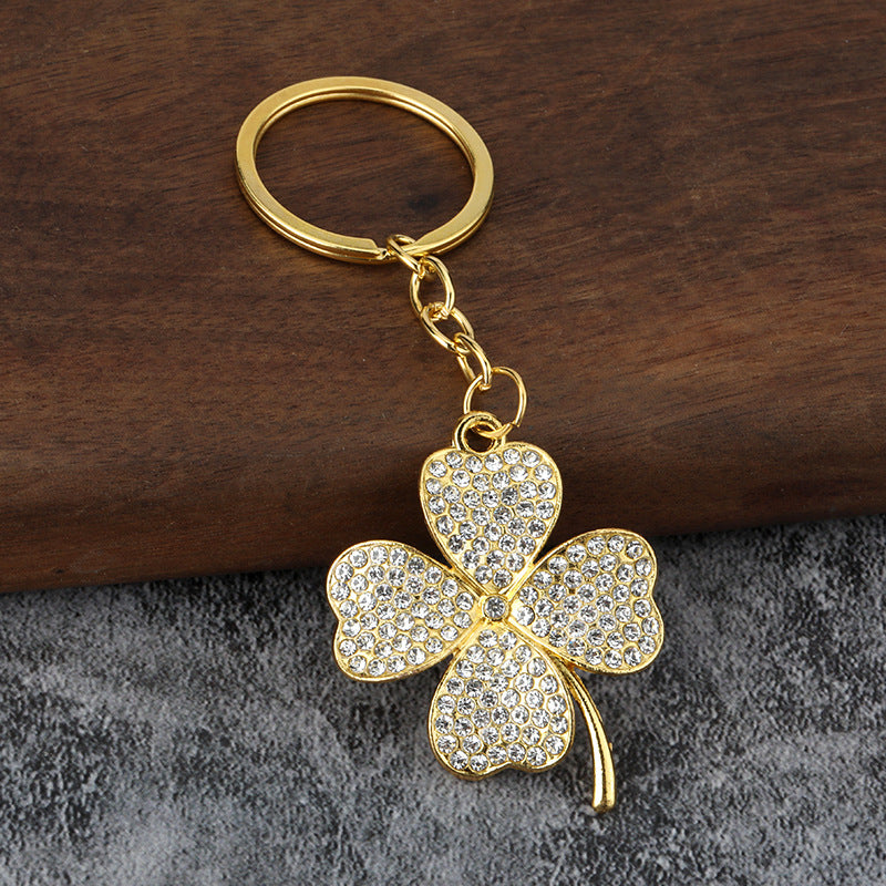 Rhinestone Four-Leaf Clover Metal Keychain Bag Charm Gift