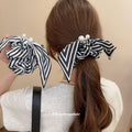 Black White Stripe Bow Scrunchie Pearl Rhinestone Accent view 2
