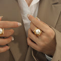 Gold And Steel Angular Band Rings With Large White Pearl view 4