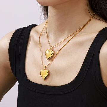 Gold Polished Puffy Heart Pendant Necklace Snake Chain