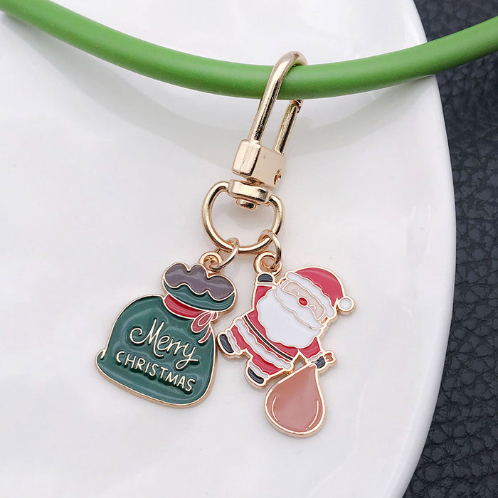 Santa Gift Sack and Green Christmas Tag Metal Clasp Keychain