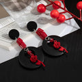 Black Hoop Red Rose Two Tone Statement Stud Earrings view 2